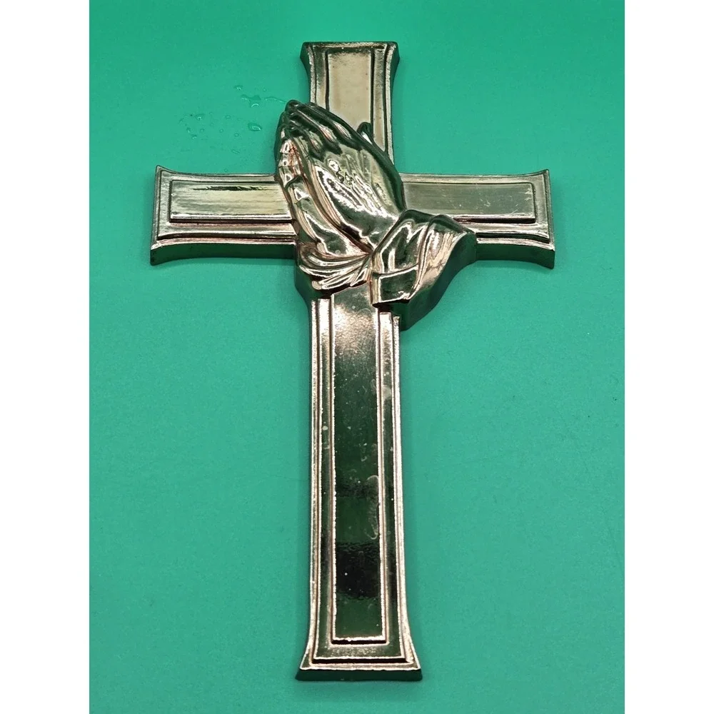 Vtg MCM Gold Tone Plastic Praying Hands Wall Hanging Cross Religious Jesus‎